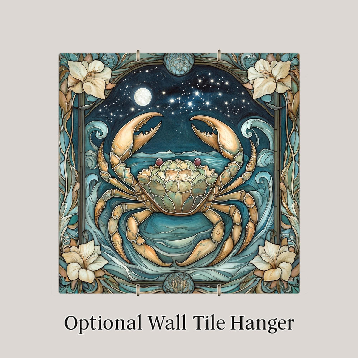 Cancer Zodiac Stained Glass Style Ceramic Art Tile: Night Sky Wall Decor Mystical Home Decor Celestial Wall Art Astrology Zodiac Crab Bir