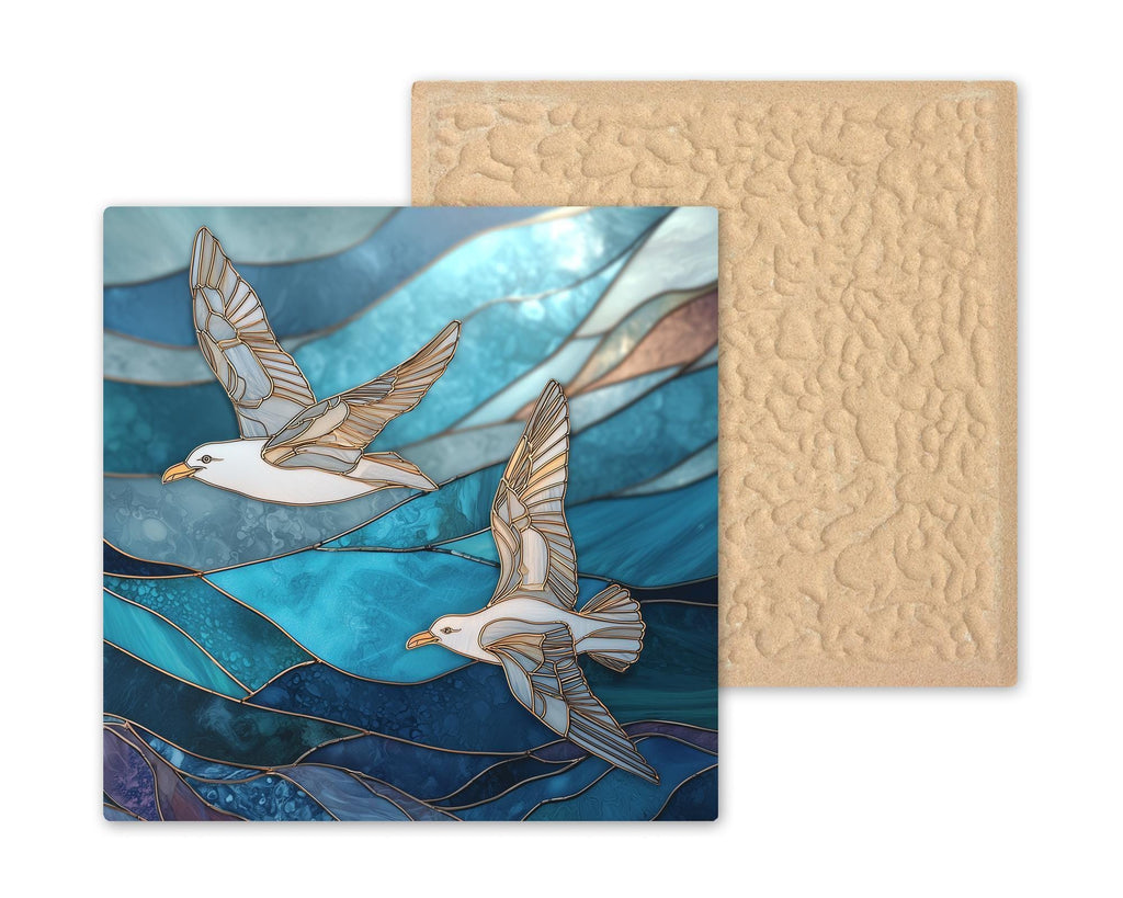 Seagulls Ocean Waves Ceramic Tile Wall Art – Stained Glass Style Coastal Wall Decor, Nautical Home Decor, Beach Cottage Ocean Artwork Tile