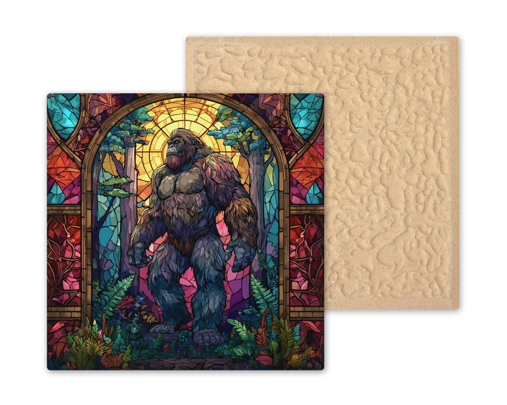 Bigfoot Wall Art Ceramic Tile Stained Glass Style Sasquatch Cathedral Window Decor Colorful Woodland Nature Art
