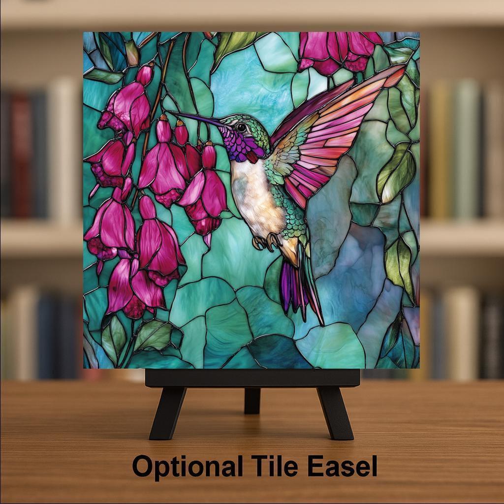 Hummingbird Spring Wall Art Ceramic Tile Stained Glass Style Bird Lover Memorial Gift Nature Decor Art