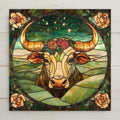 Zodiac Taurus ceramic tile with rose-crowned bull and constellation sky. Stained glass style wall art for spring birthdays and earth sign gifts.