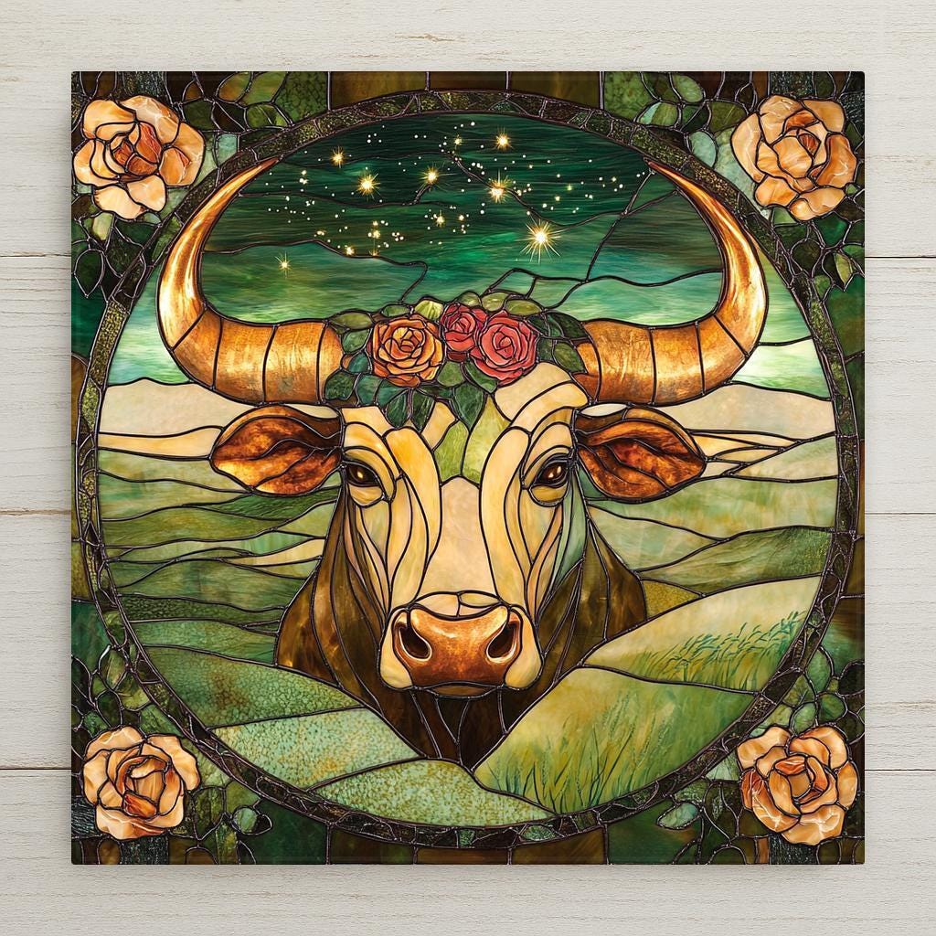 Zodiac Taurus ceramic tile with rose-crowned bull and constellation sky. Stained glass style wall art for spring birthdays and earth sign gifts.