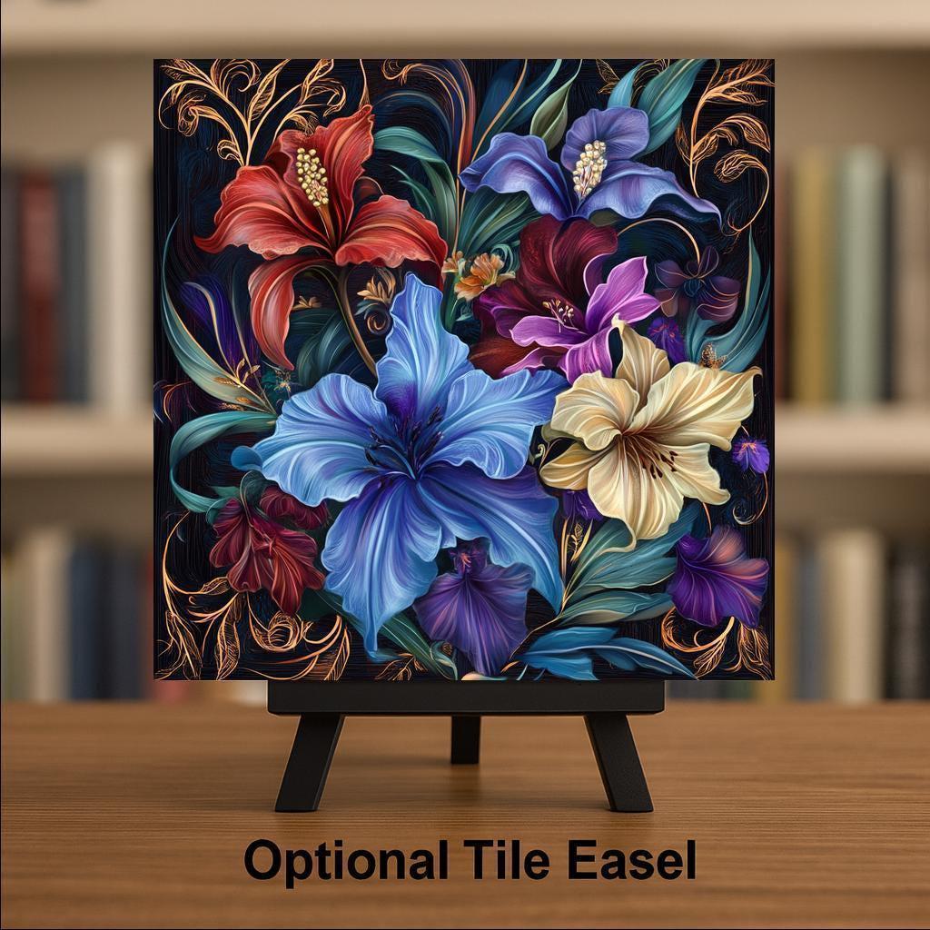 Floral Ceramic Art Tile – Art Nouveau Style, William Morris, Botanical Jewel Tone Art, Flower Lover Gift, Floral Decor
