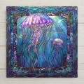 Bring ocean magic to your home with this jellyfish ceramic tile art! Inspired by stained glass, it features glowing blue and purple jellyfish. Though it looks like stained glass, it’s a permanent ceramic print. Optional add-ons: tile wall hanger, easel tile stand, cork backing. A stunning gift or coastal decor piece!