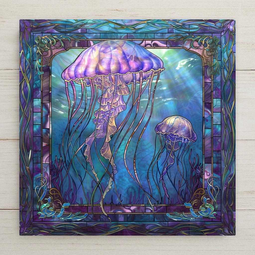 Bring ocean magic to your home with this jellyfish ceramic tile art! Inspired by stained glass, it features glowing blue and purple jellyfish. Though it looks like stained glass, it’s a permanent ceramic print. Optional add-ons: tile wall hanger, easel tile stand, cork backing. A stunning gift or coastal decor piece!