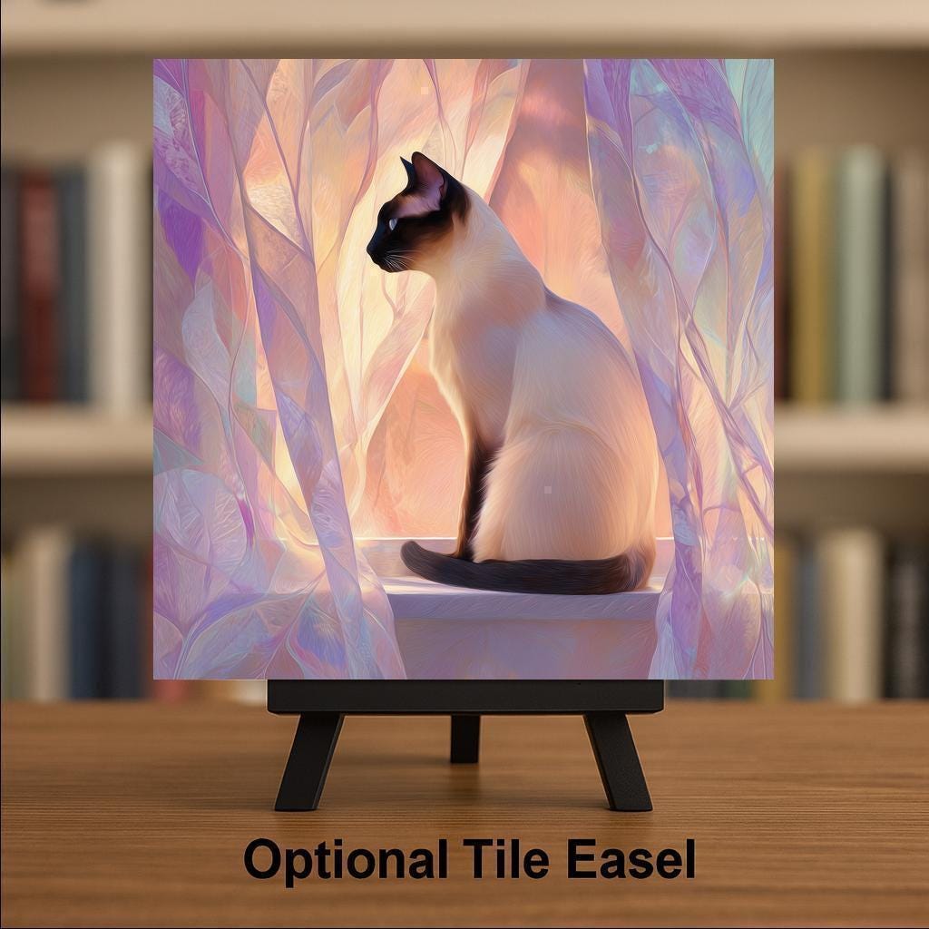 Siamese Cat Wall Art Ceramic Tile Pastel Cat Portrait Serene Bedroom Decor Cat Memorial Tile Lilac Window Cat Art