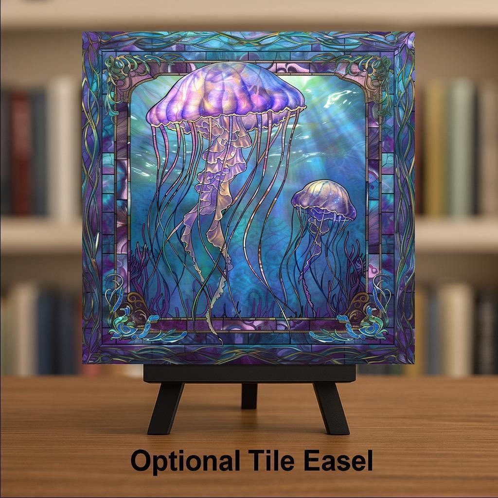 Jellyfish Wall Art Ceramic Tile Stained Glass Style Ocean Gift Aquatic Decor Coastal Nature Art