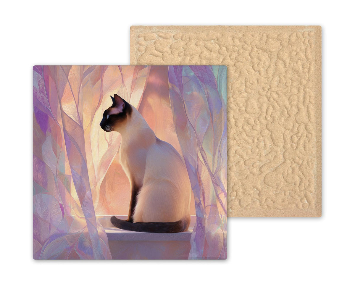 Siamese Cat Wall Art Ceramic Tile Pastel Cat Portrait Serene Bedroom Decor Cat Memorial Tile Lilac Window Cat Art