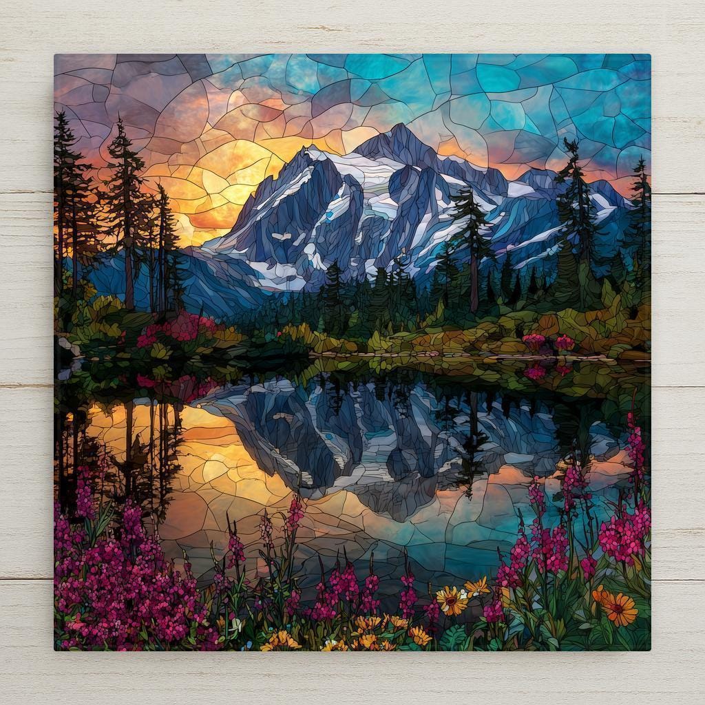 This ceramic tile captures Mount Shuksan and Picture Lake at sunrise in a stained glass style with glowing wildflowers. Rich jewel tones and luminous colors bring nature’s beauty indoors. Perfect for wall art, gifting, or cabin décor. Optional tile wall hanger, easel stand, cork backing, and premium frame available for versatile display. A lasting piece of artisan mountain landscape art for any home.