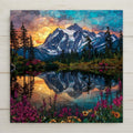 This ceramic tile captures Mount Shuksan and Picture Lake at sunrise in a stained glass style with glowing wildflowers. Rich jewel tones and luminous colors bring nature’s beauty indoors. Perfect for wall art, gifting, or cabin décor. Optional tile wall hanger, easel stand, cork backing, and premium frame available for versatile display. A lasting piece of artisan mountain landscape art for any home.