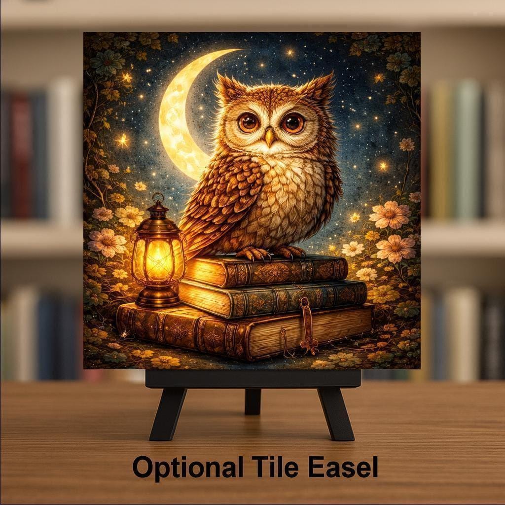 Owl Ceramic Tile Wall Art – Stained Glass Style Moonlit Wildlife Decor, Owl Lover Gift, Nature Fantasy Wall Art