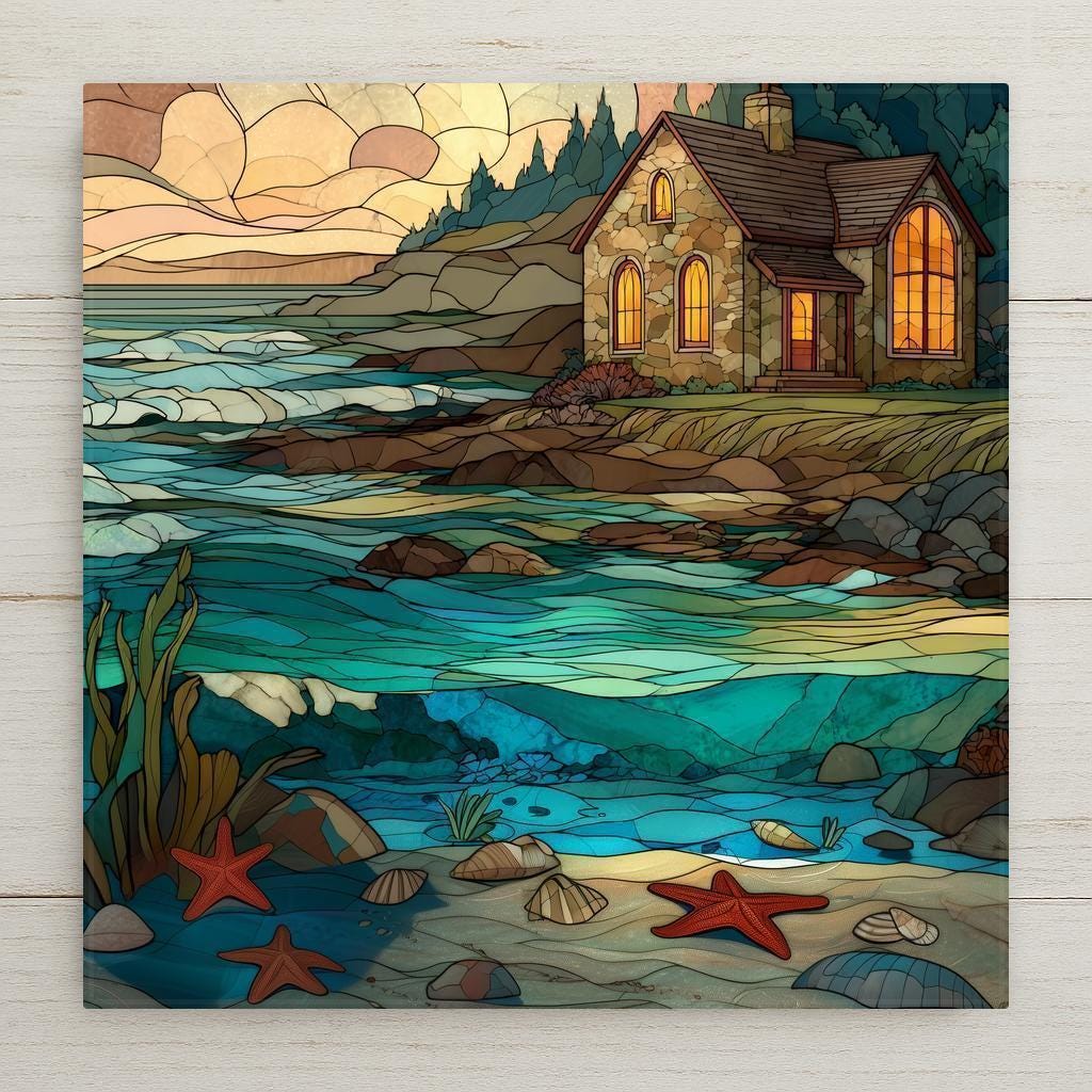 Stained glass style ceramic tile featuring a stone coastal cottage, glowing windows, ocean waves, tide pools, starfish, and seashells.