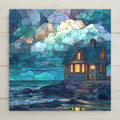 A cozy seaside cottage glows warmly against a tranquil ocean backdrop in this stained glass-style ceramic tile wall art. Symbolizing comfort, shelter, and connection to home, this high-resolution ceramic print offers the look of stained glass while remaining durable and fade-resistant. A peaceful coastal home decor piece. Optional cork backing, easel stand, tile wall hanger, and premium black frame are available.