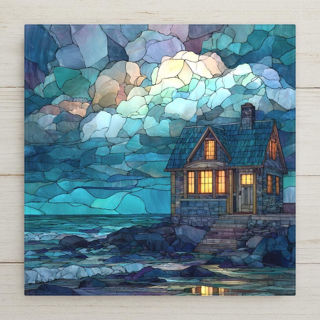 A cozy seaside cottage glows warmly against a tranquil ocean backdrop in this stained glass-style ceramic tile wall art. Symbolizing comfort, shelter, and connection to home, this high-resolution ceramic print offers the look of stained glass while remaining durable and fade-resistant. A peaceful coastal home decor piece. Optional cork backing, easel stand, tile wall hanger, and premium black frame are available.