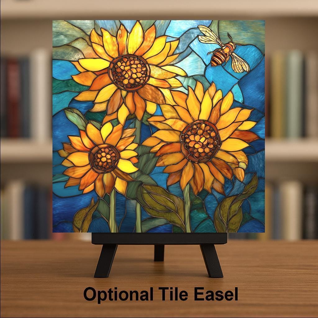 Sunflower Ceramic Tile Wall Art – Stained Glass Style Sunflower Decor, Bright Floral Home Decor, Kitchen Wall Decor, Nature Art Gift