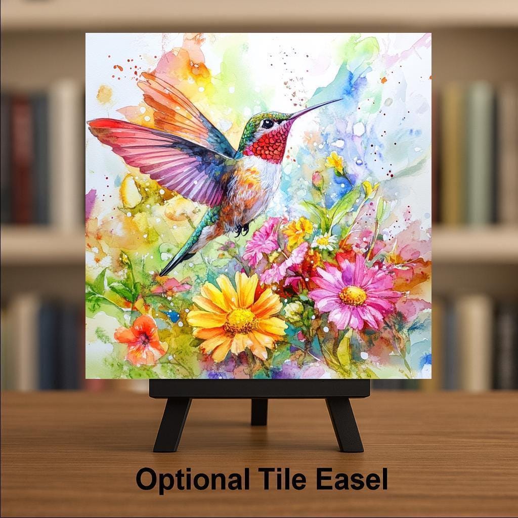 Watercolor Hummingbird Nature Wall Art Ceramic Tile Garden Gift Stained Glass Style Decor Bird Art Nature Lover Gift Tile