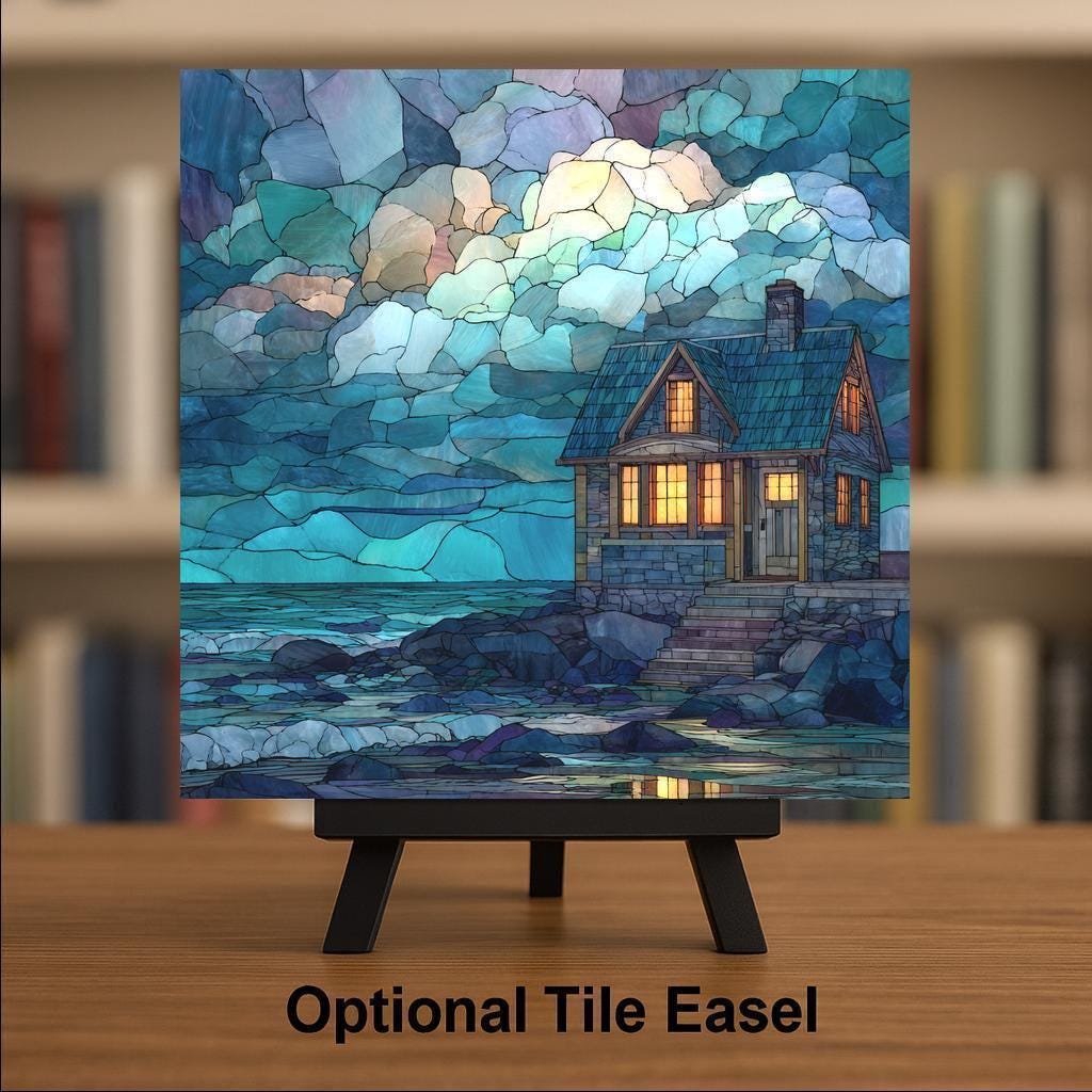 Coastal Cottage Ceramic Art Tile – Stained Glass Style Beach House Wall Decor, Cozy Seaside Comfort Gift