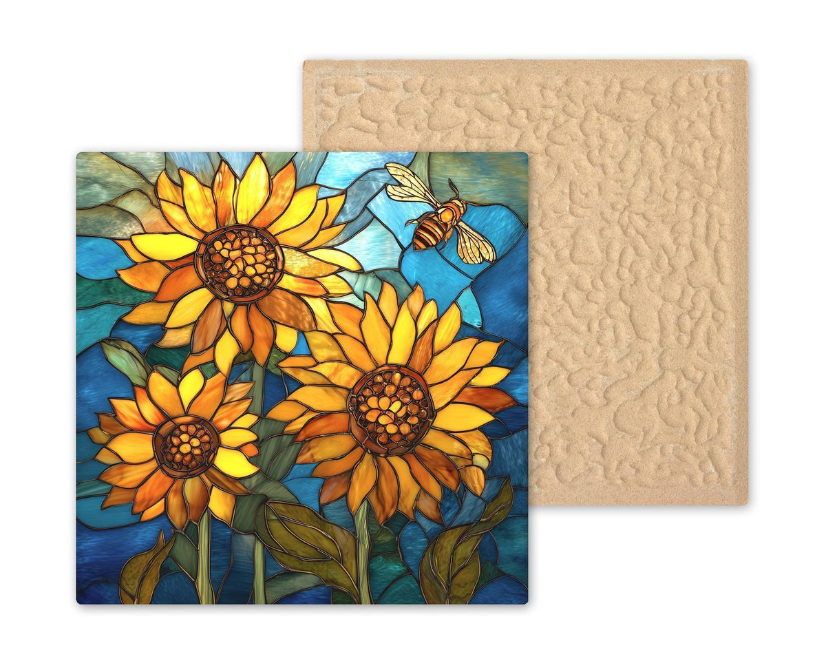 Sunflower Ceramic Tile Wall Art – Stained Glass Style Sunflower Decor, Bright Floral Home Decor, Kitchen Wall Decor, Nature Art Gift
