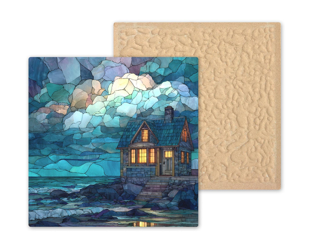 Coastal Cottage Ceramic Art Tile – Stained Glass Style Beach House Wall Decor, Cozy Seaside Comfort Gift