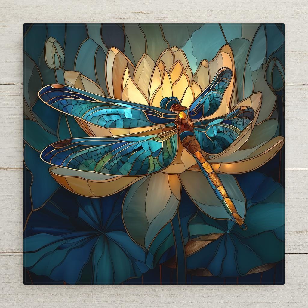 Stained glass style dragonfly ceramic tile resting over a golden lotus flower with teal mosaic background. Elegant nature wall art for botanical home decor.