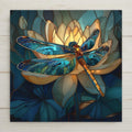 Stained glass style dragonfly ceramic tile resting over a golden lotus flower with teal mosaic background. Elegant nature wall art for botanical home decor.