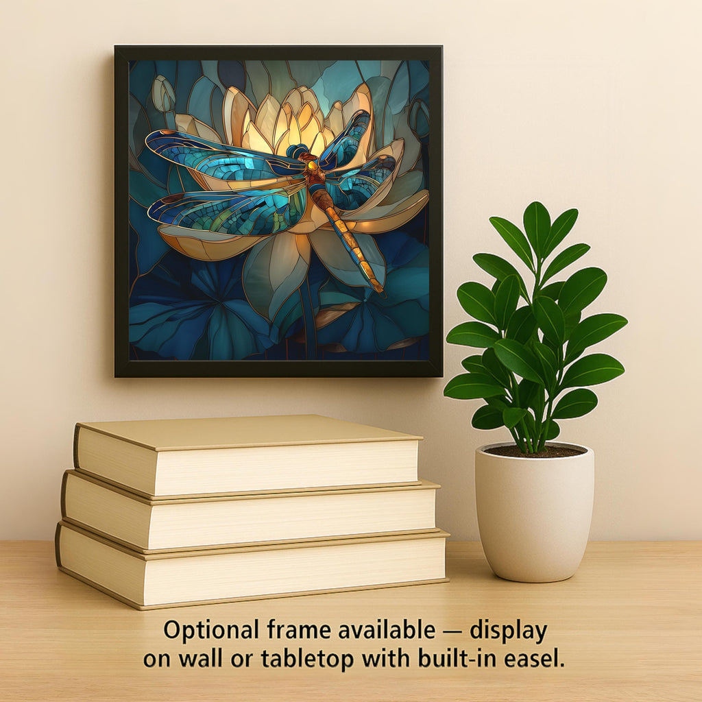 Dragonfly Wall Art Ceramic Tile – Stained Glass Style Lotus Decor – Teal Botanical Wall Decor – Nature Home Art