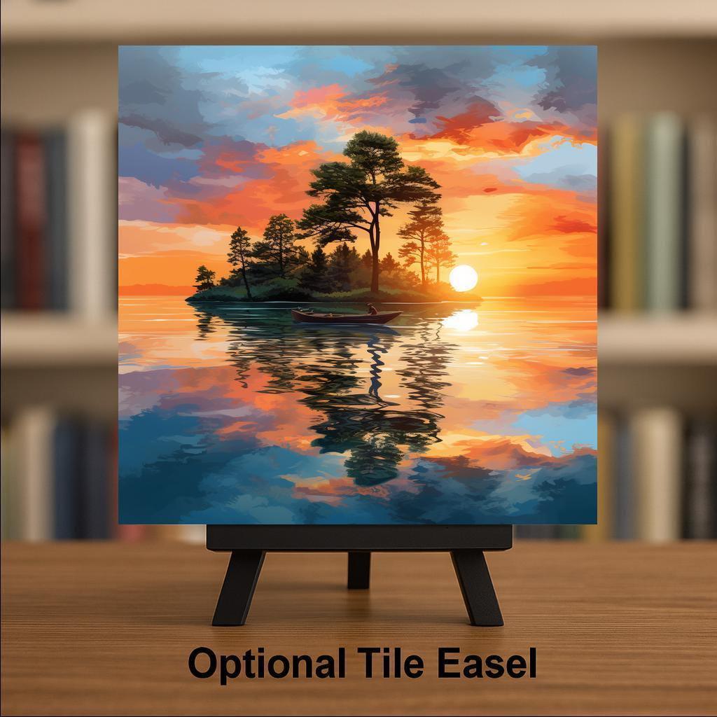 Island Lake Sunset Wall Art Ceramic Tile Cabin Gift Fisherman Decor Watercolor Nature Art Outdoorsman Gift Tile
