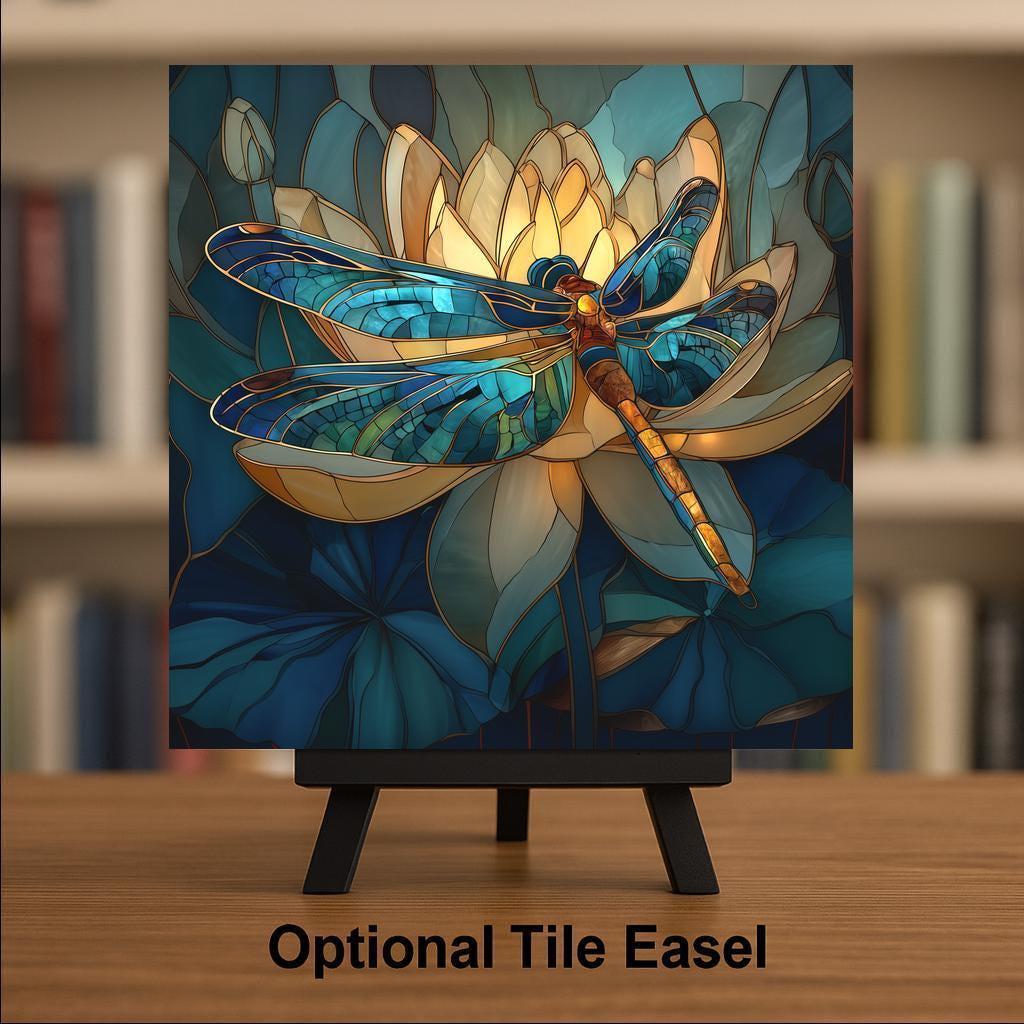 Dragonfly Wall Art Ceramic Tile – Stained Glass Style Lotus Decor – Teal Botanical Wall Decor – Nature Home Art