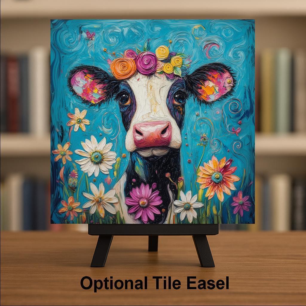 Cow Wall Art Ceramic Tile Farmhouse Gift Floral Cow Decor Country Home Art Cow Lover Nature Gift Farm Art