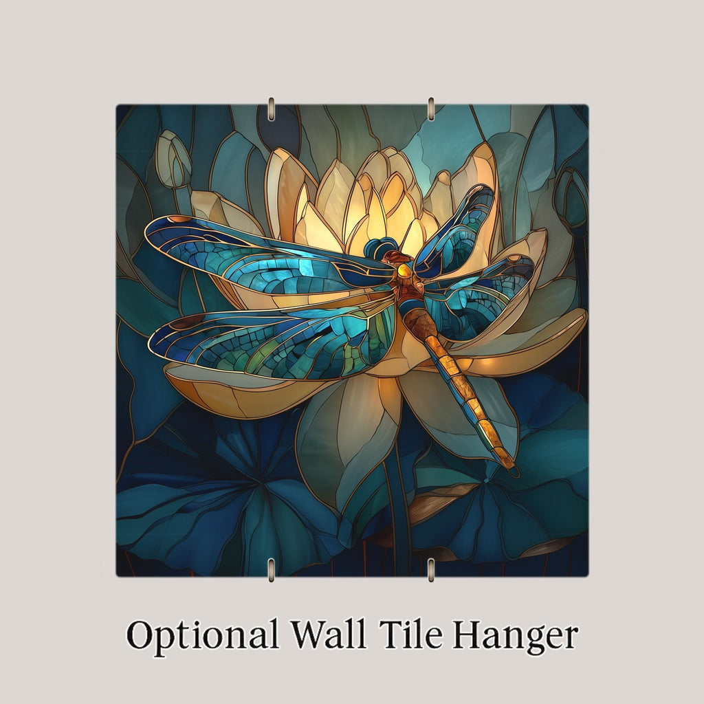 Dragonfly Wall Art Ceramic Tile – Stained Glass Style Lotus Decor – Teal Botanical Wall Decor – Nature Home Art