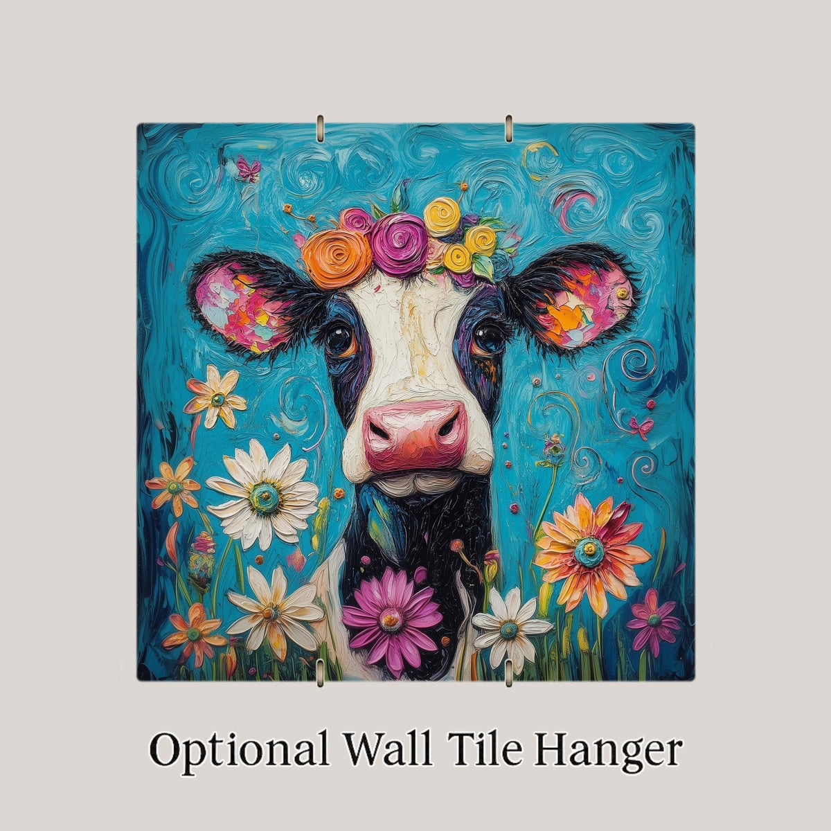 Cow Wall Art Ceramic Tile Farmhouse Gift Floral Cow Decor Country Home Art Cow Lover Nature Gift Farm Art