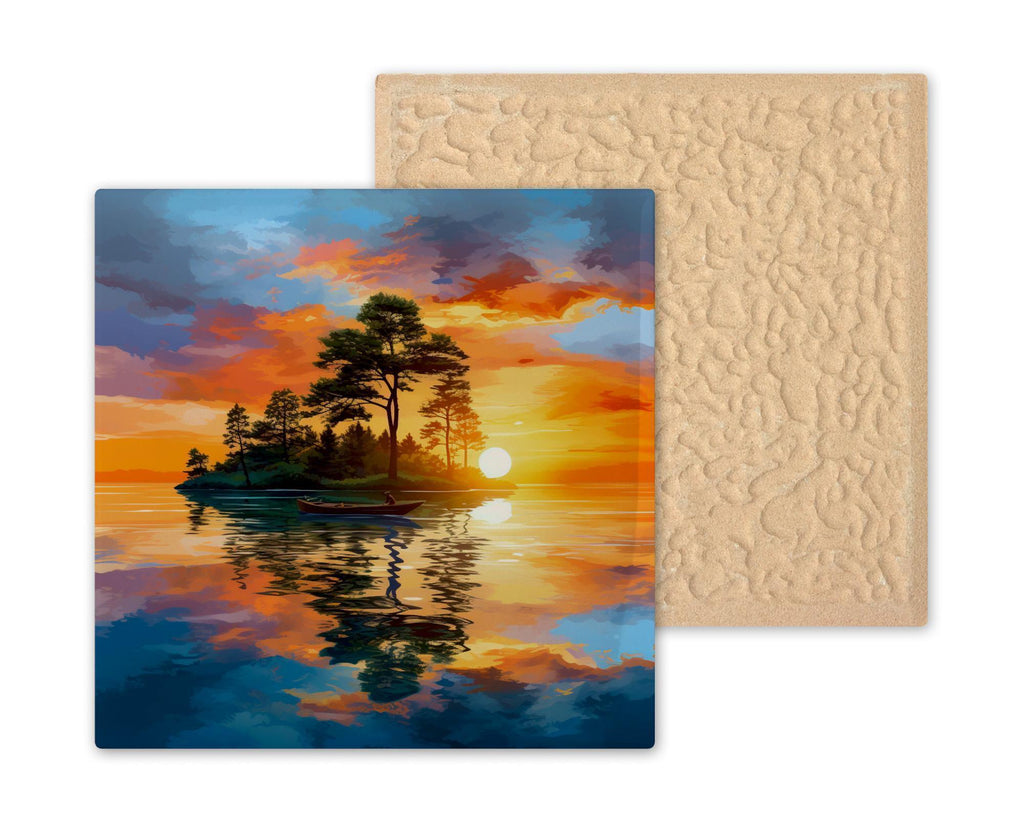 Island Lake Sunset Wall Art Ceramic Tile Cabin Gift Fisherman Decor Watercolor Nature Art Outdoorsman Gift Tile