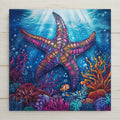 Vibrant starfish ceramic tile home decor with colorful coral reef details. Perfect for beach house décor, ocean-themed walls, or as a unique coastal gift wall art.