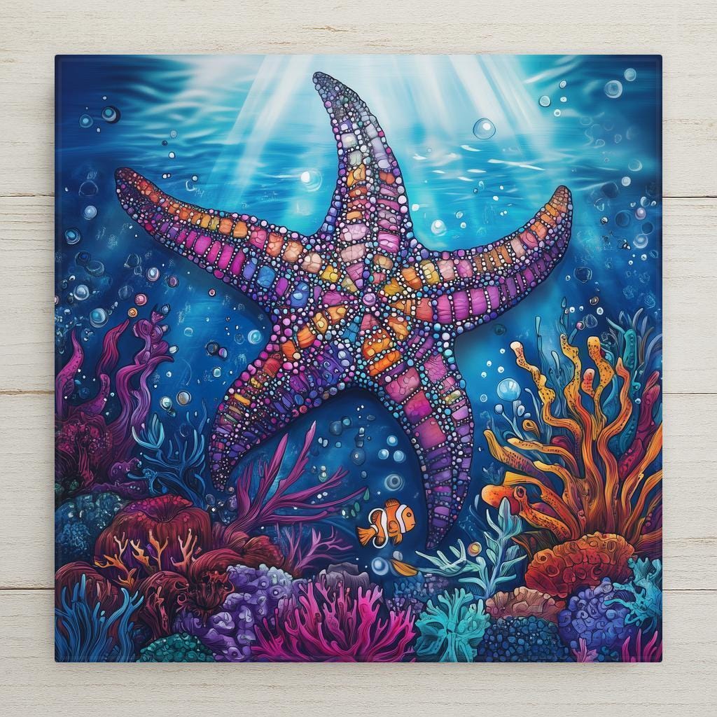Vibrant starfish ceramic tile home decor with colorful coral reef details. Perfect for beach house décor, ocean-themed walls, or as a unique coastal gift wall art.