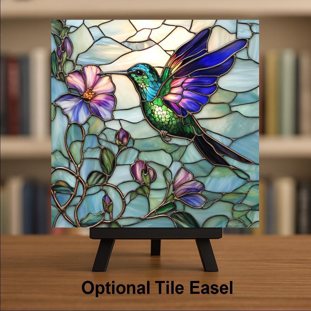 Hummingbird Wall Art Ceramic Tile Stained Glass Style Floral Bird Lover Gift Birdwatcher Garden Memorial Gift Accent Tile