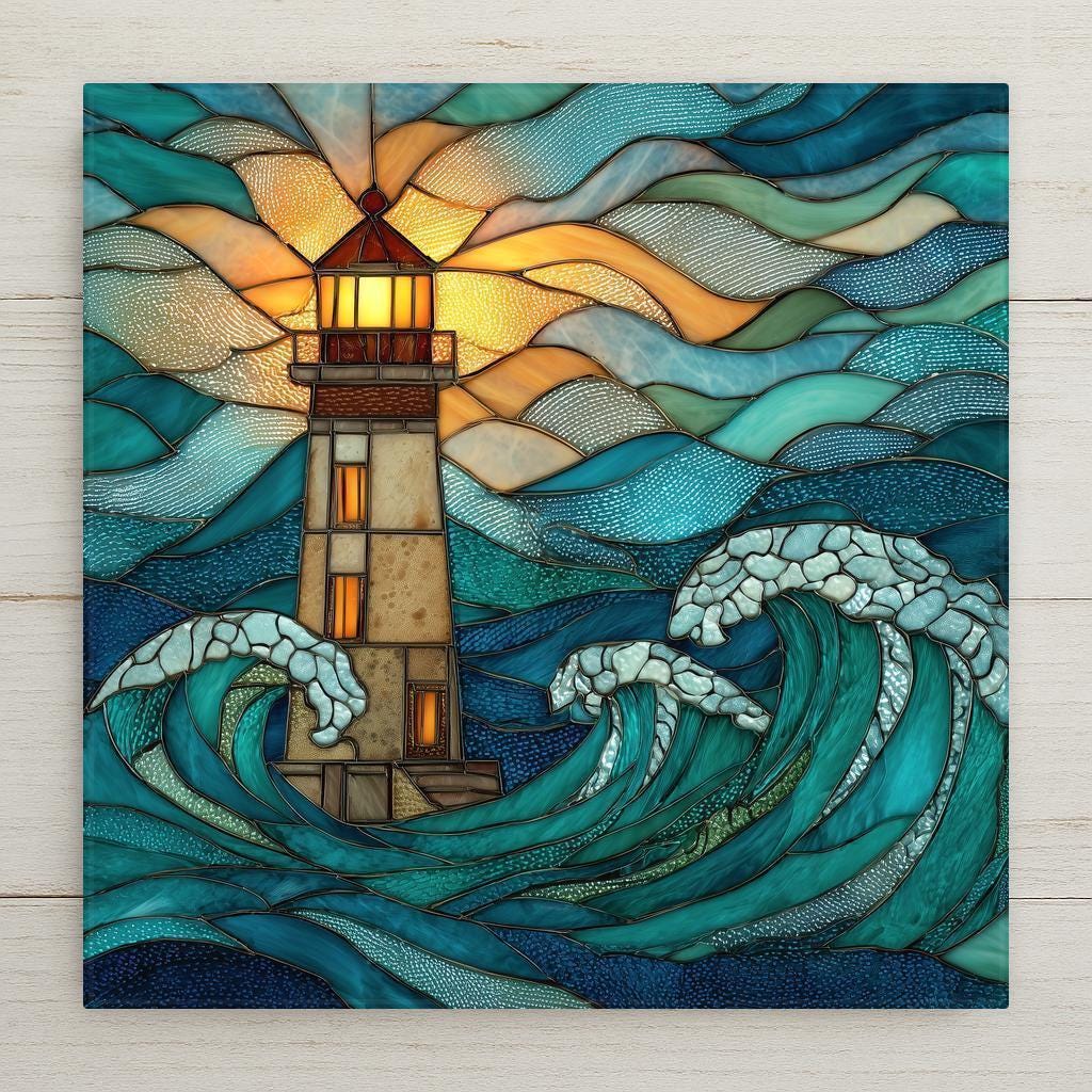 Lighthouse Stained Glass Style Ceramic Art Tile – Coastal Nautical Wall Decor, Seaside Beach House Gift