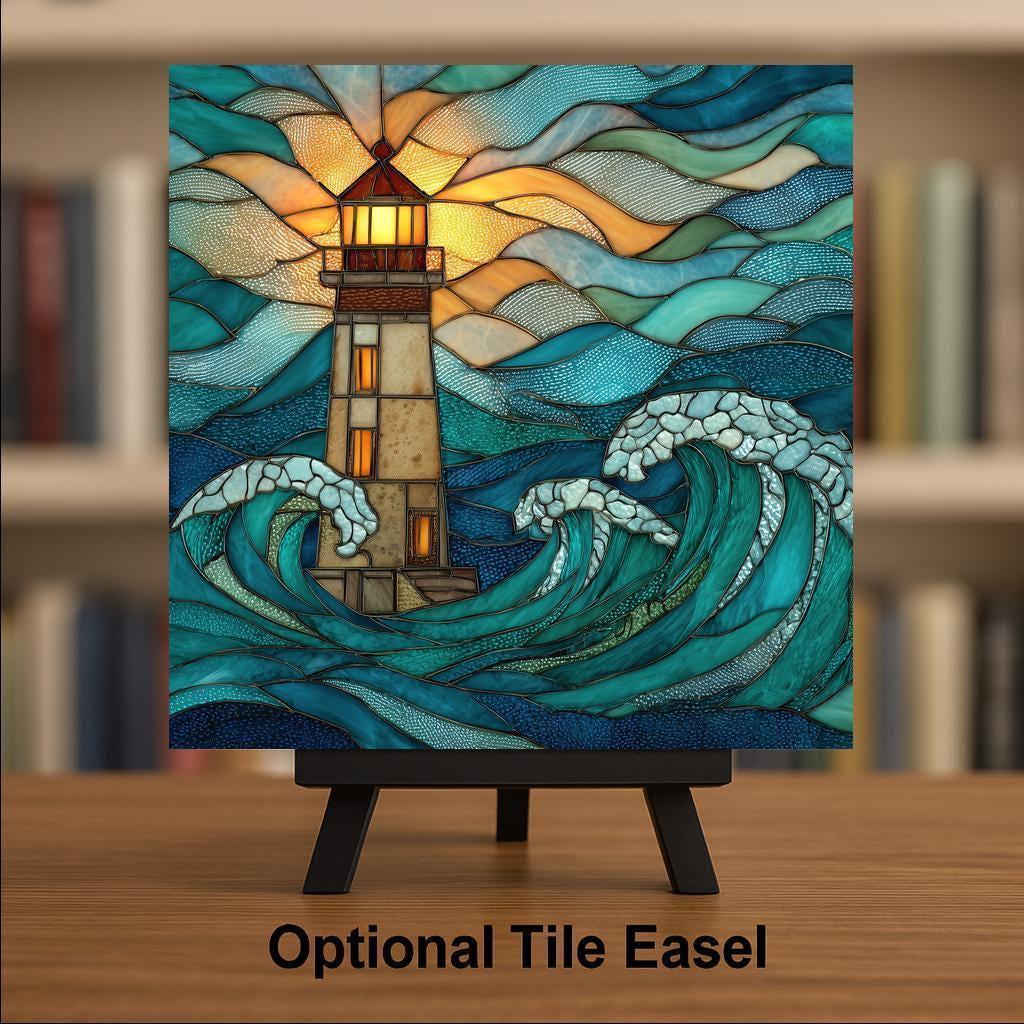 Lighthouse Stained Glass Style Ceramic Art Tile – Coastal Nautical Wall Decor, Seaside Beach House Gift