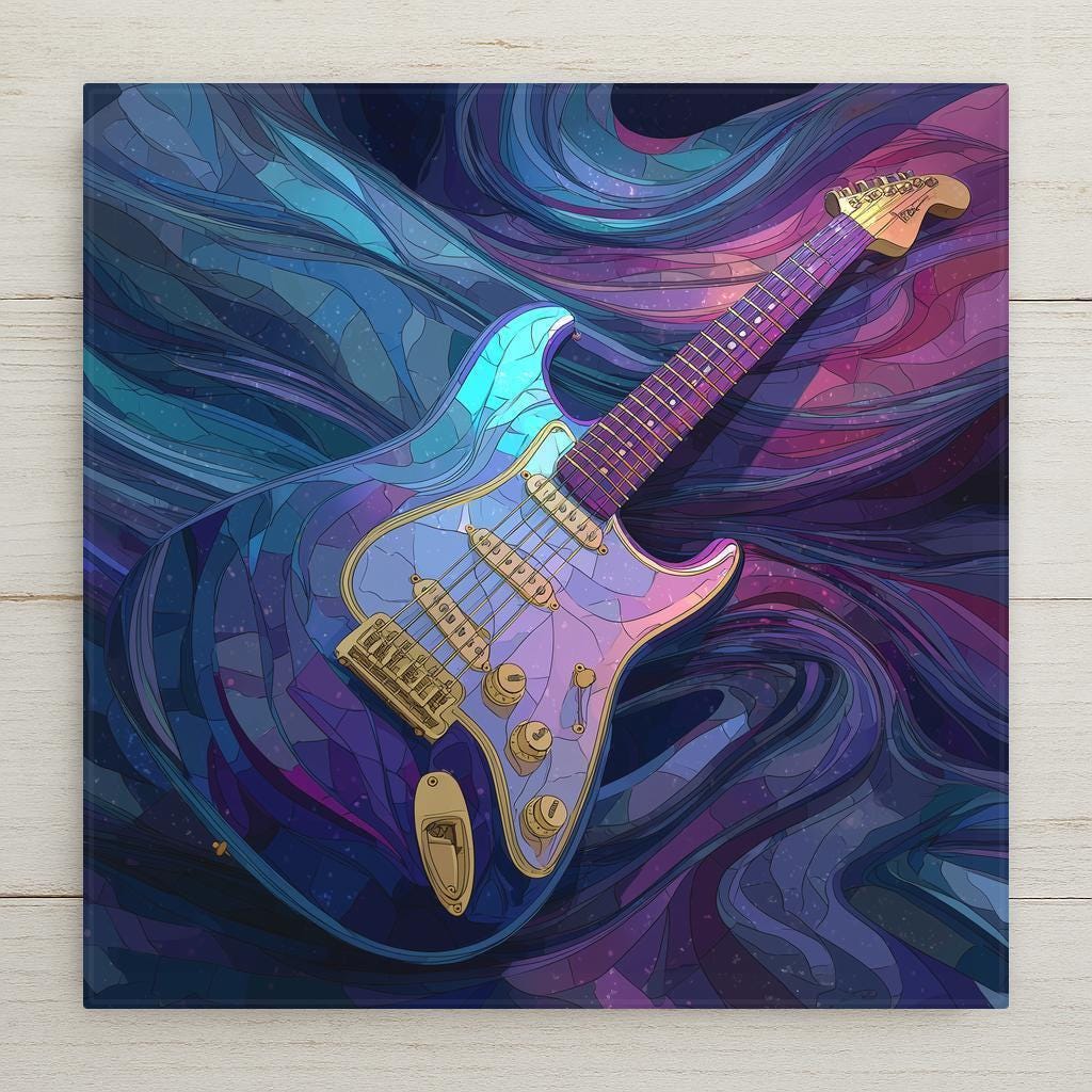 Stained glass style ceramic art tile of an electric guitar rendered in marbled glass panels, set against a swirling cosmic background of purple, blue, and teal — colorful music and guitar wall decor.