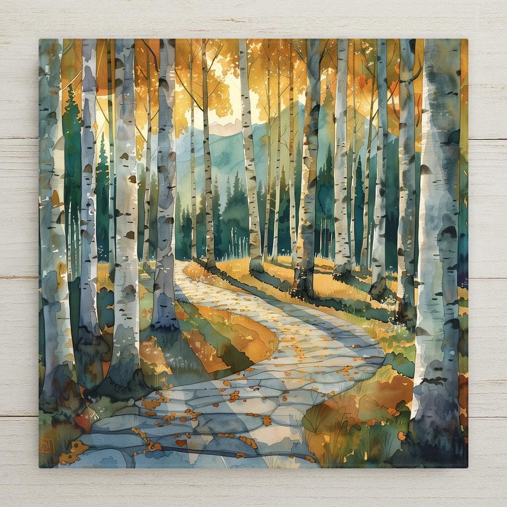Birch forest wall art ceramic tile featuring tall white birch trees, golden autumn leaves, winding stone path, and blue mountain backdrop. Rustic cabin decor and woodland home decor with warm amber light and cool teal forest tones.