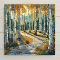 Birch forest wall art ceramic tile featuring tall white birch trees, golden autumn leaves, winding stone path, and blue mountain backdrop. Rustic cabin decor and woodland home decor with warm amber light and cool teal forest tones.