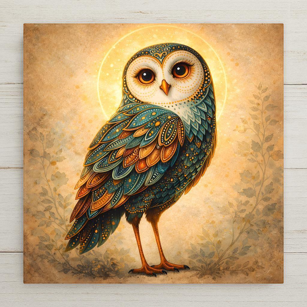 Owl wall art ceramic tile featuring a detailed bird with teal and amber layered feathers and a soft glowing halo background. Stained glass style design printed on ceramic tile. Boho woodland home decor for rustic, farmhouse, or cottagecore interiors.