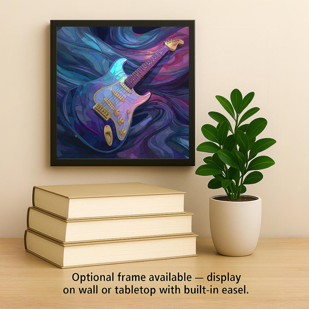 Electric Guitar Stained Glass Style Ceramic Art Tile – Cosmic Music Wall Decor, Guitar Player Man Cave Accent