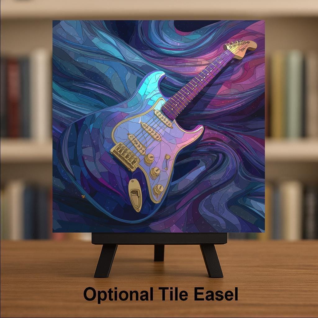 Electric Guitar Stained Glass Style Ceramic Art Tile – Cosmic Music Wall Decor, Guitar Player Man Cave Accent