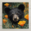 Not hand-painted or sculpted. Printed ceramic tile with bear cub and poppies. Optional tile wall hanger, cork backing, or tile stand available.