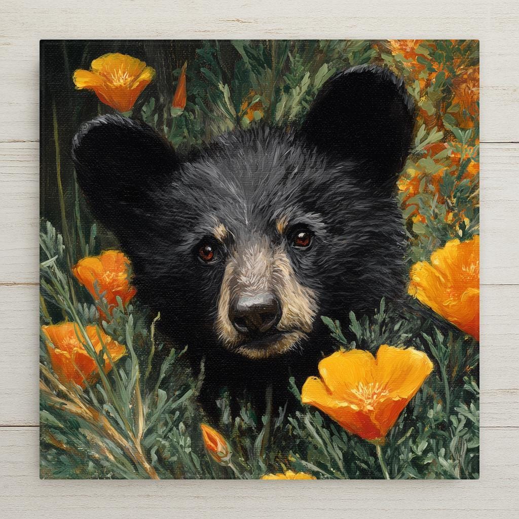Not hand-painted or sculpted. Printed ceramic tile with bear cub and poppies. Optional tile wall hanger, cork backing, or tile stand available.