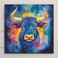Stained glass style Taurus zodiac ceramic tile with a luminous golden bull against a deep cobalt and teal celestial sky, constellation details and earth element floral accents, a vivid zodiac birthday gift and astrology home decor tile.