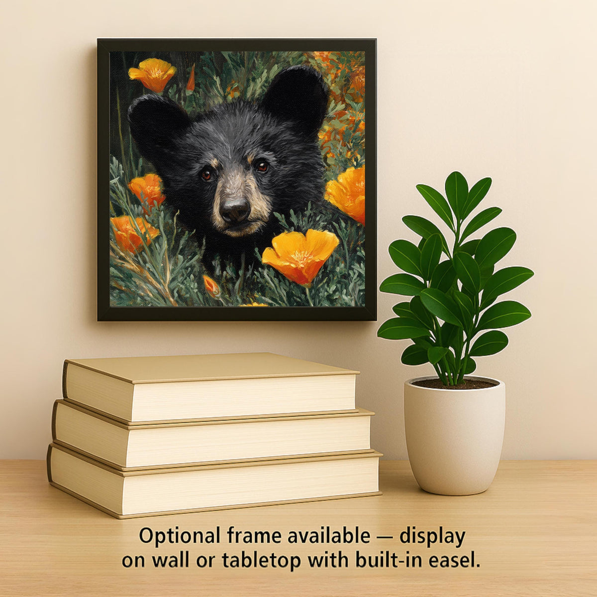 Black Bear Cub Ceramic Art Tile – Woodland Wildlife Wall Decor, California Poppy Rustic Cabin Gift