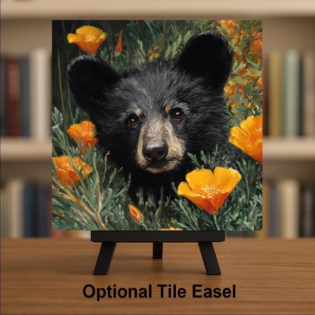 Black Bear Cub Ceramic Art Tile – Woodland Wildlife Wall Decor, California Poppy Rustic Cabin Gift