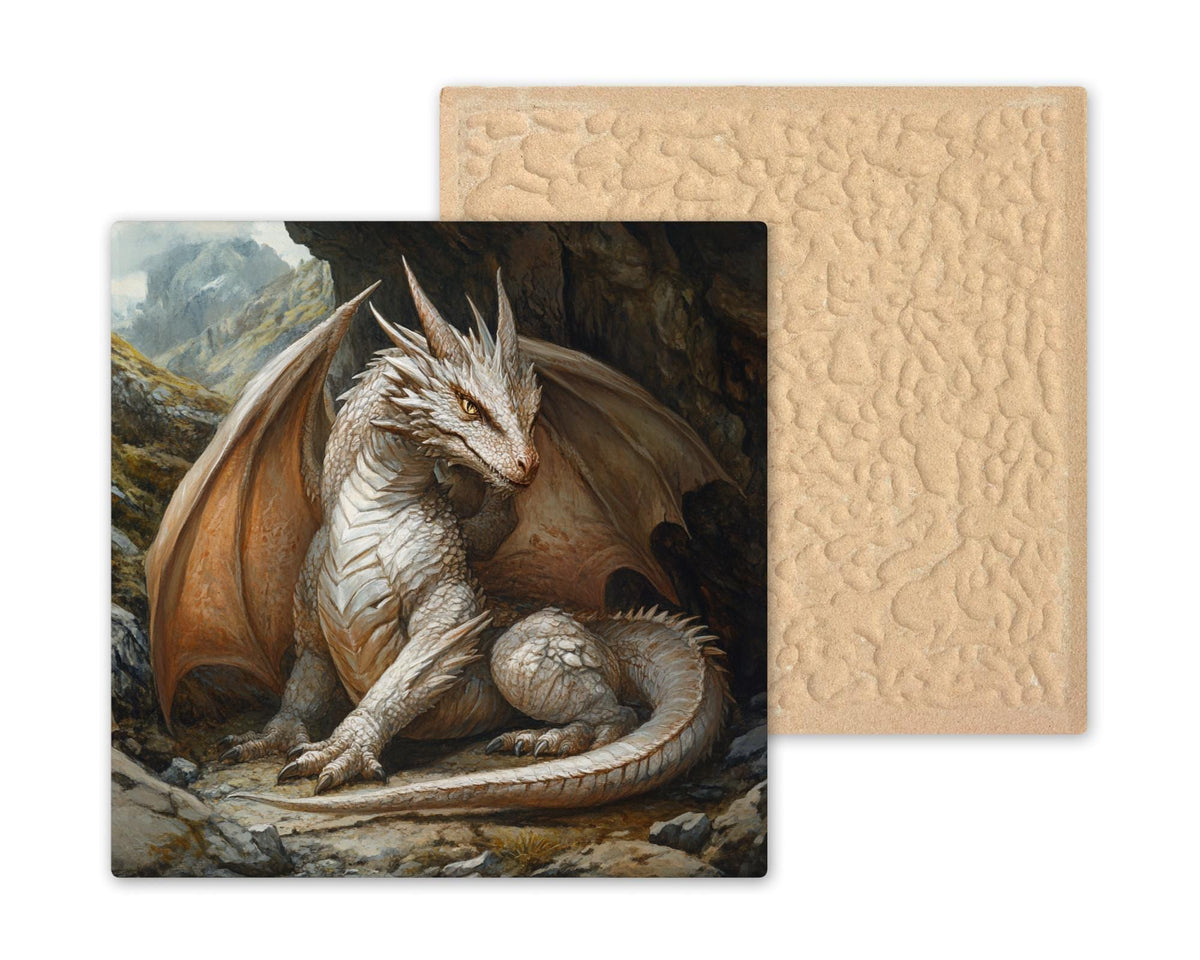 White Dragon Wall Art Ceramic Tile Medieval Fantasy Gift St George Decor Myth Creature Art Legend Gift Tile
