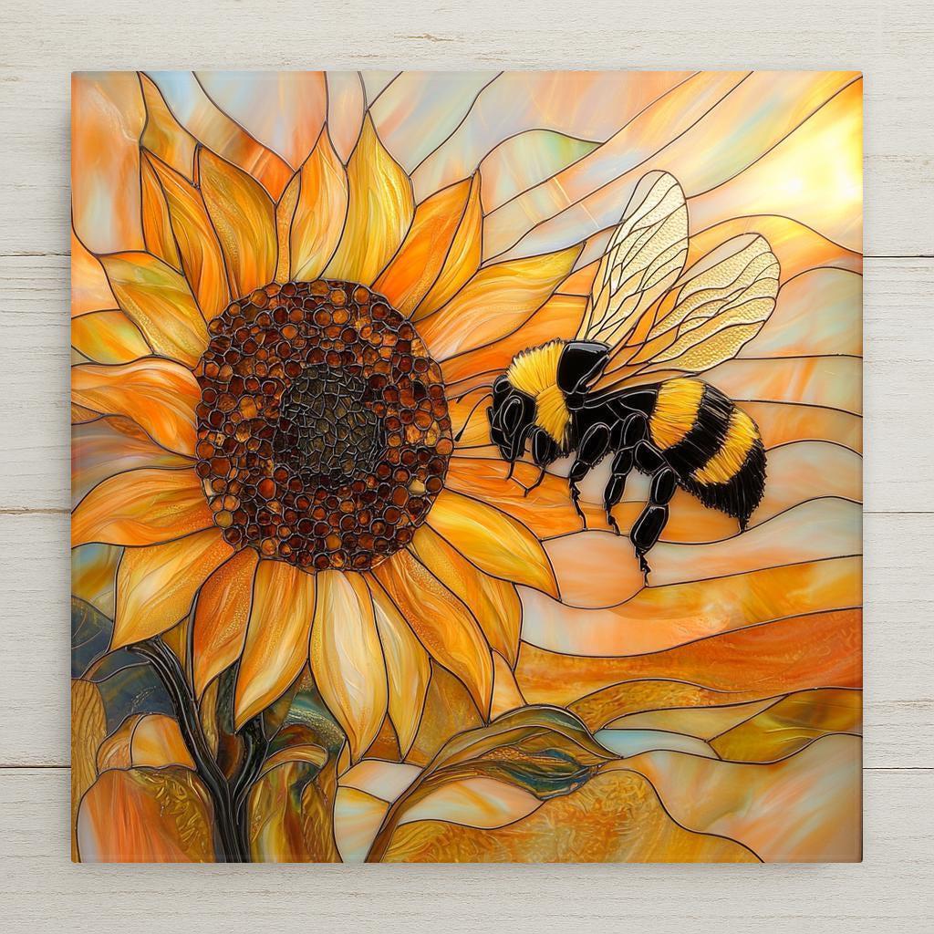 Stained glass bee sunflower tile for bee wall art, garden ceramic tile wall decor, or summer art display. Great pollinator decor and bee lover gift with cottagecore flair home decor.